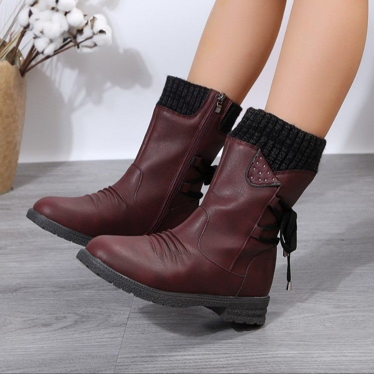Women'S Comfortable Low-Heel Square-Heel Round-Toed Large-Size Mid-Size Boots